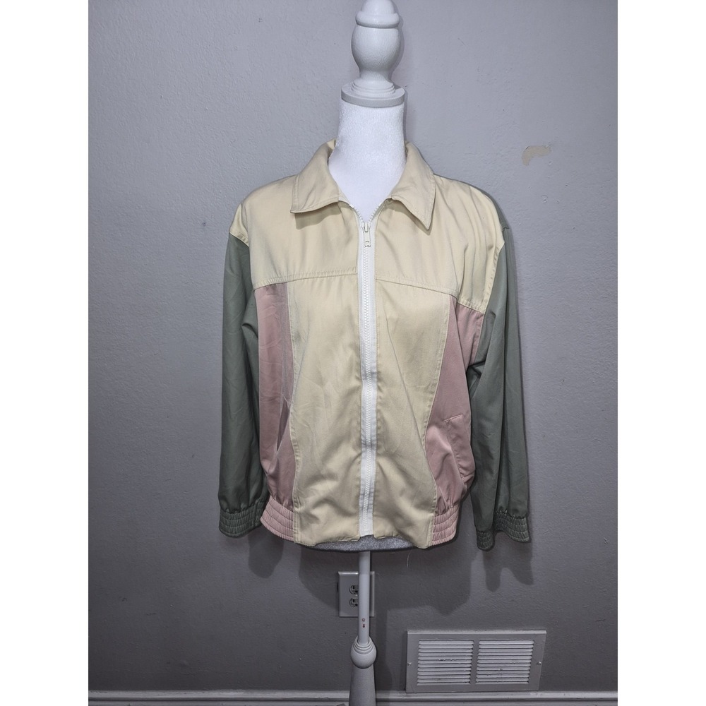 Alfred Dunner Multicolor Bomber Jacket Sz 10P Nuetral Pastel Patchwork Preppy